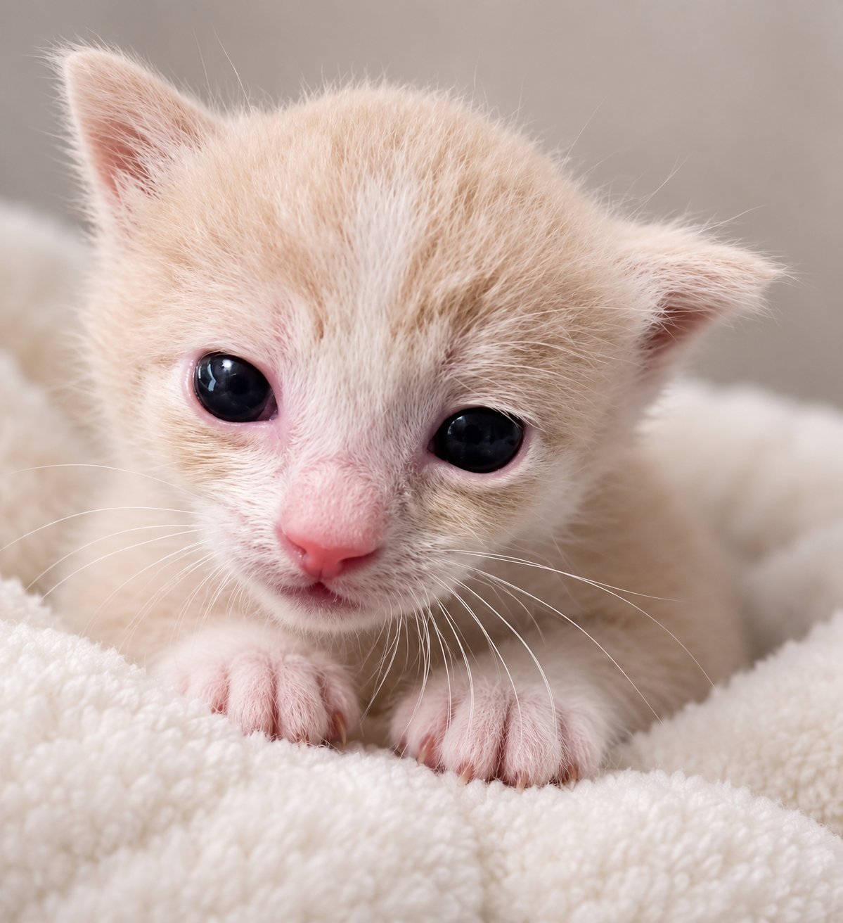 Ositah as a young white kitten with large dark eyes and a pink nose, resting on a light blanket