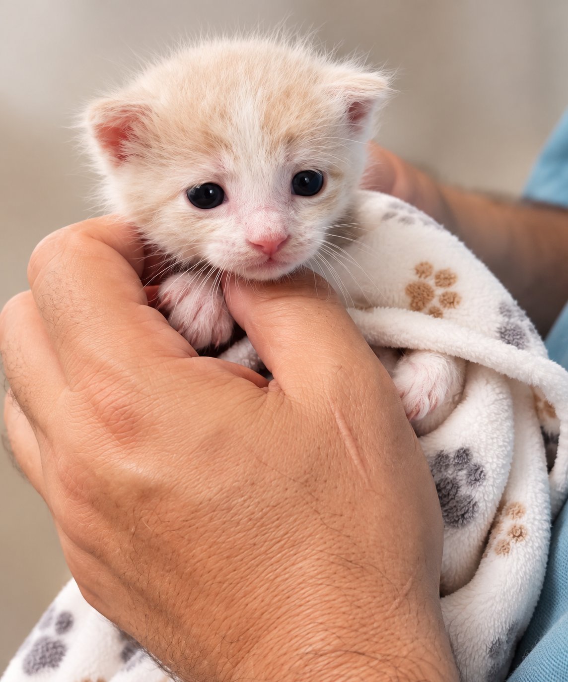 Ositah as a tiny white kitten with pink ears and wide dark eyes, cradled in a person's hands and wrapped in a soft paw-print blanket